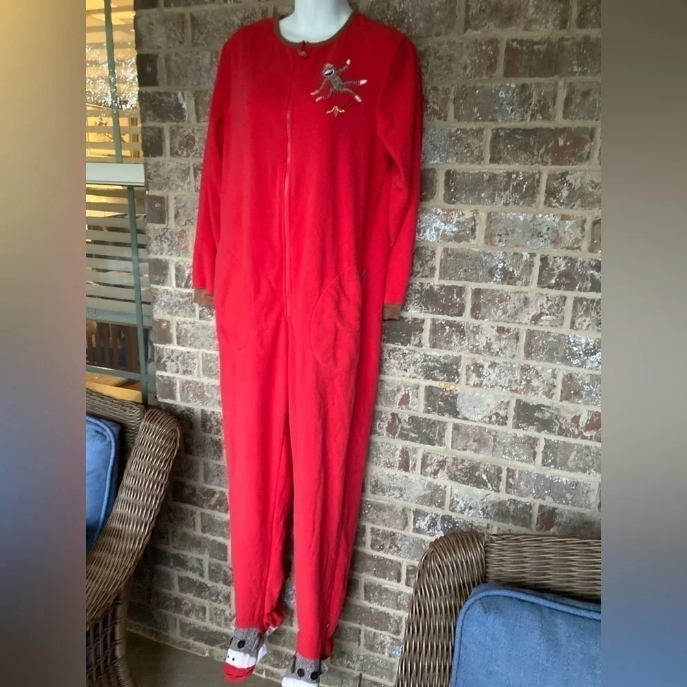 Nick & Nora Red SOCK MONKEY Footed Pajamas One Piece size medium.